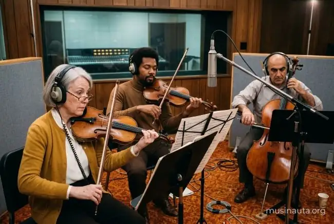 Dos violinistas y un violonchelista graban con auriculares en un estudio de Nueva York de los años setenta